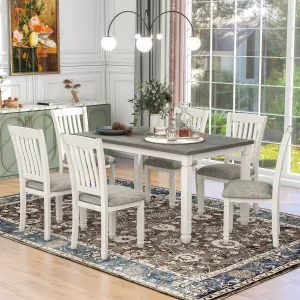 7 Piece Dining Table Set Wood Dining Table And 6 Upholstered Chairs With Shaped Legs For Dining Room / Living Room Furniture - Gray / White