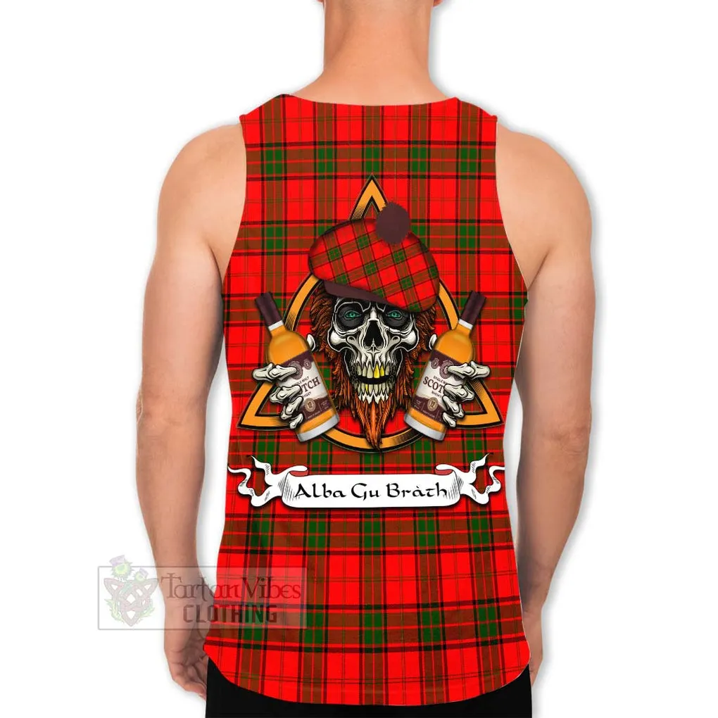 Adair Tartan Men's Tank Top with Family Crest and Bearded Skull Holding Bottles of Whiskey