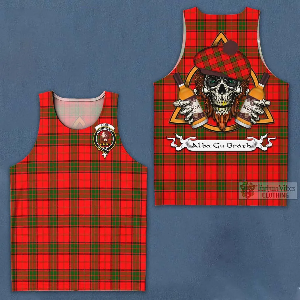 Adair Tartan Men's Tank Top with Family Crest and Bearded Skull Holding Bottles of Whiskey