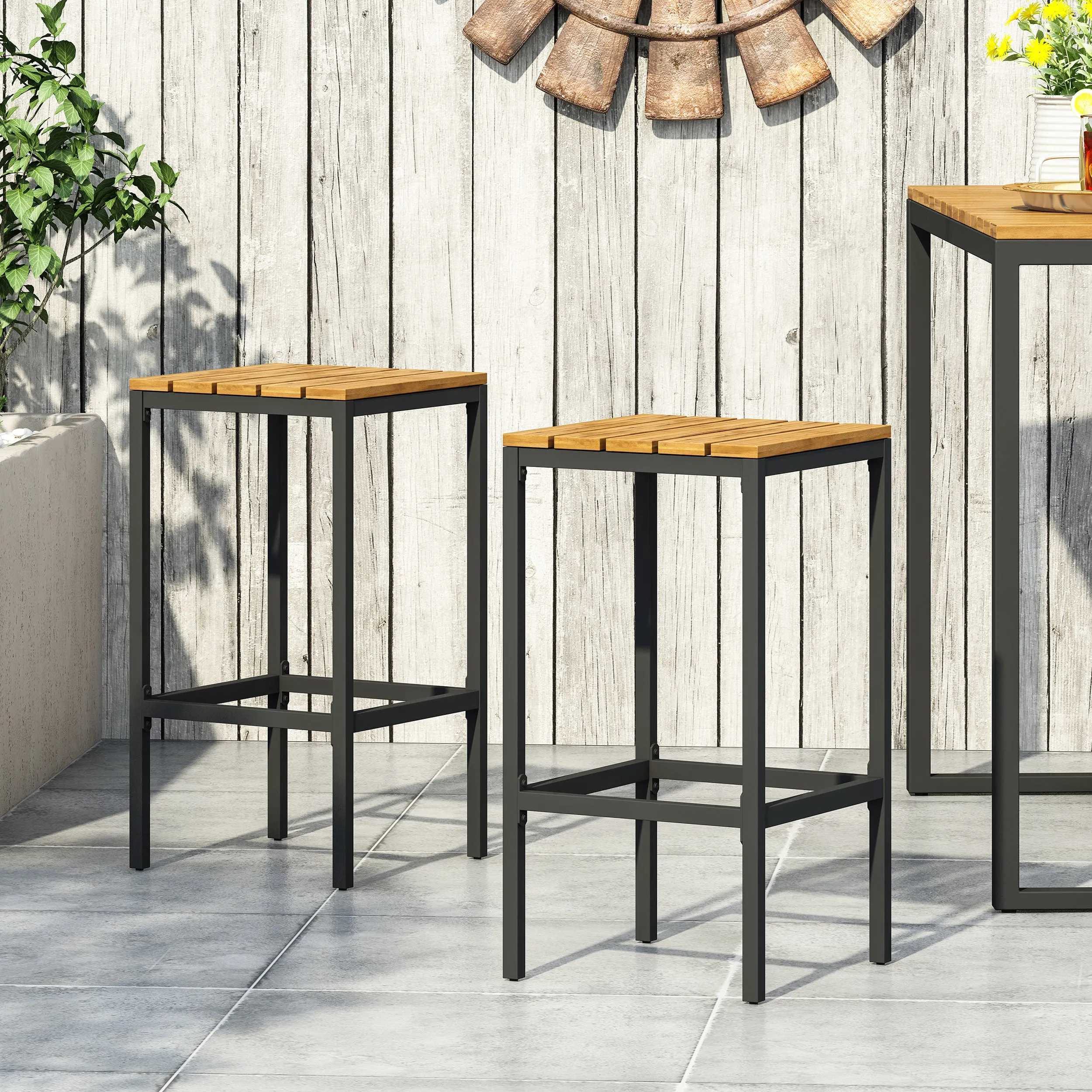 Arath Outdoor Modern Industrial Acacia Wood Bar Stools (Set of 2)