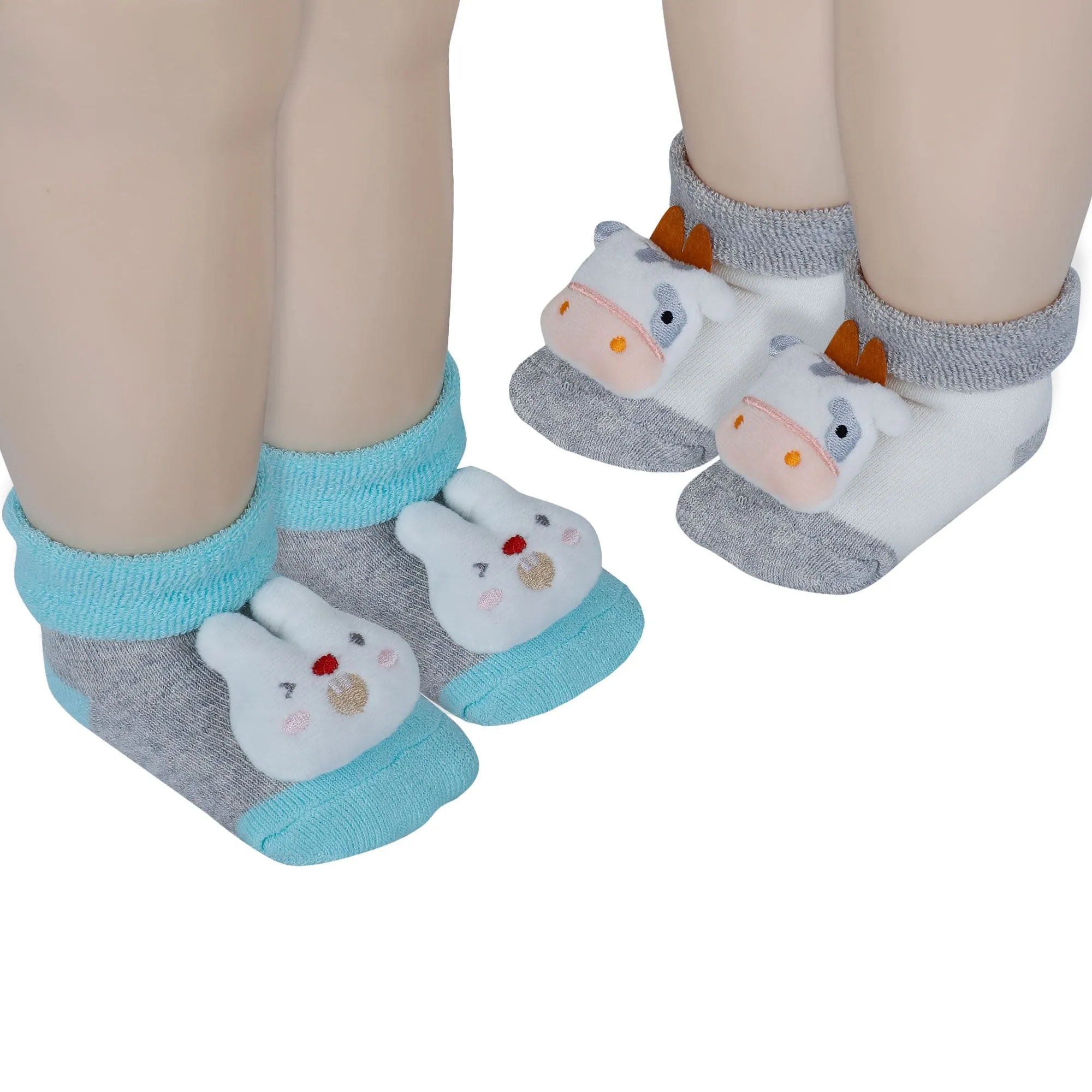 Baby Moo Bunny And Cow 3D Rattle Anti-Skid Socks Booties Pack of 2 - Green, Grey