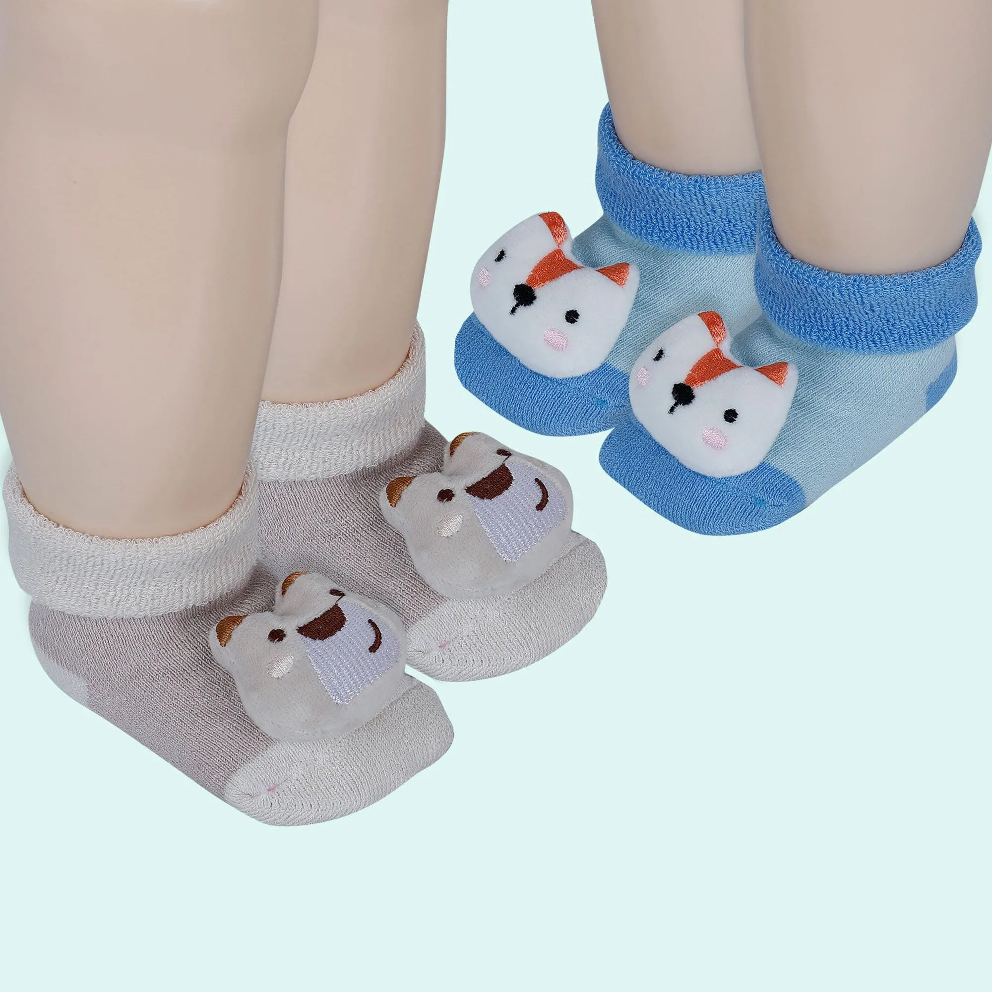 Baby Moo Fox 3D Rattle Anti-Skid Socks Booties Pack of 2 - Beige, Blue