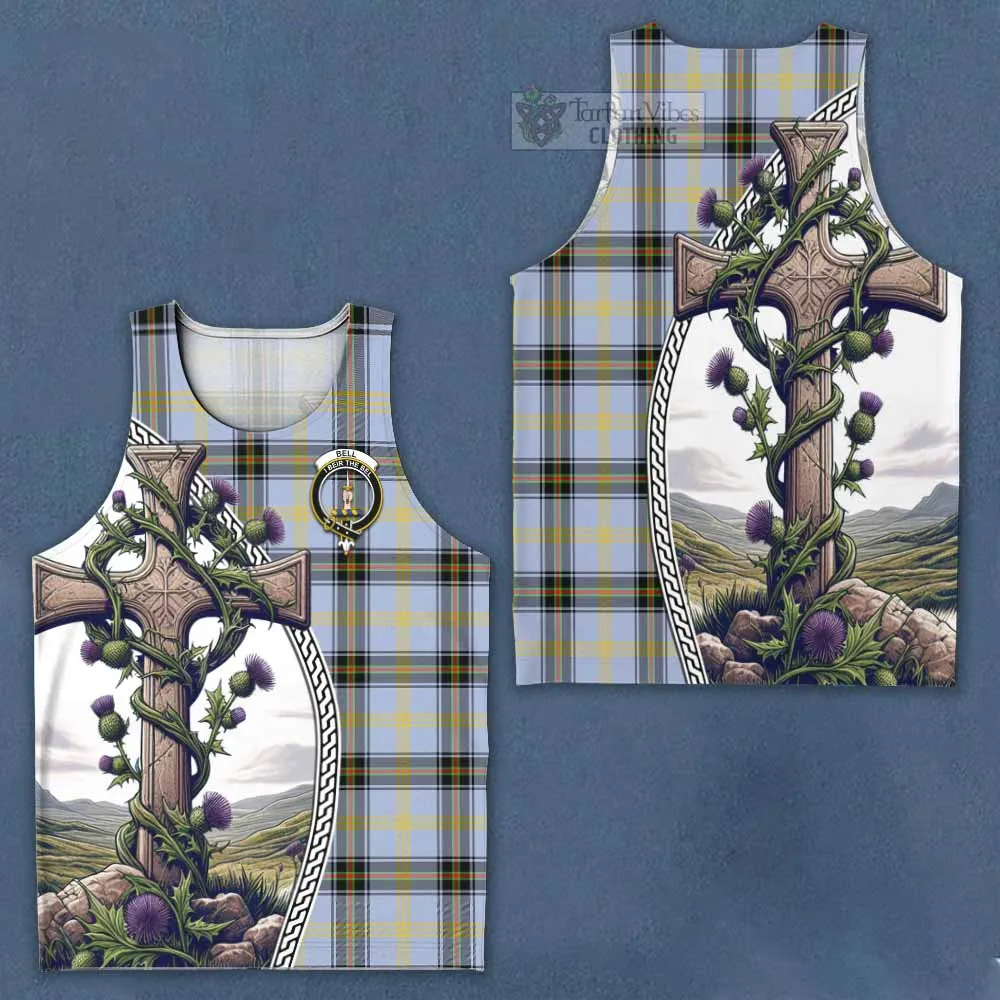 Bell Tartan Men's Tank Top with Family Crest and St. Andrew's Cross Accented by Thistle Vines