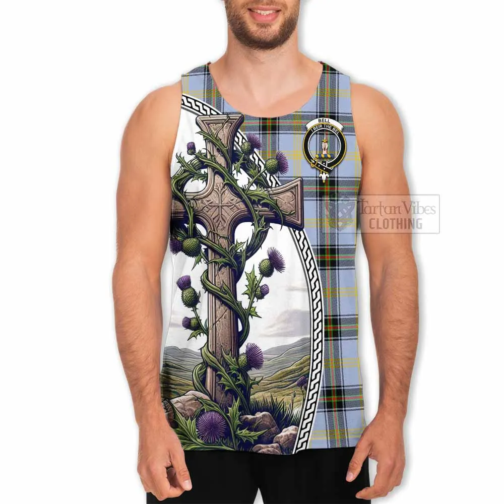 Bell Tartan Men's Tank Top with Family Crest and St. Andrew's Cross Accented by Thistle Vines