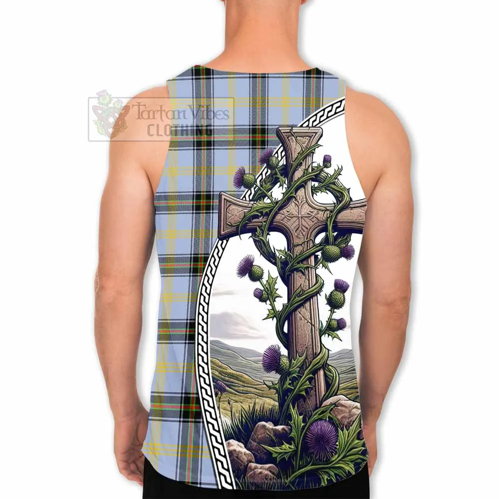 Bell Tartan Men's Tank Top with Family Crest and St. Andrew's Cross Accented by Thistle Vines