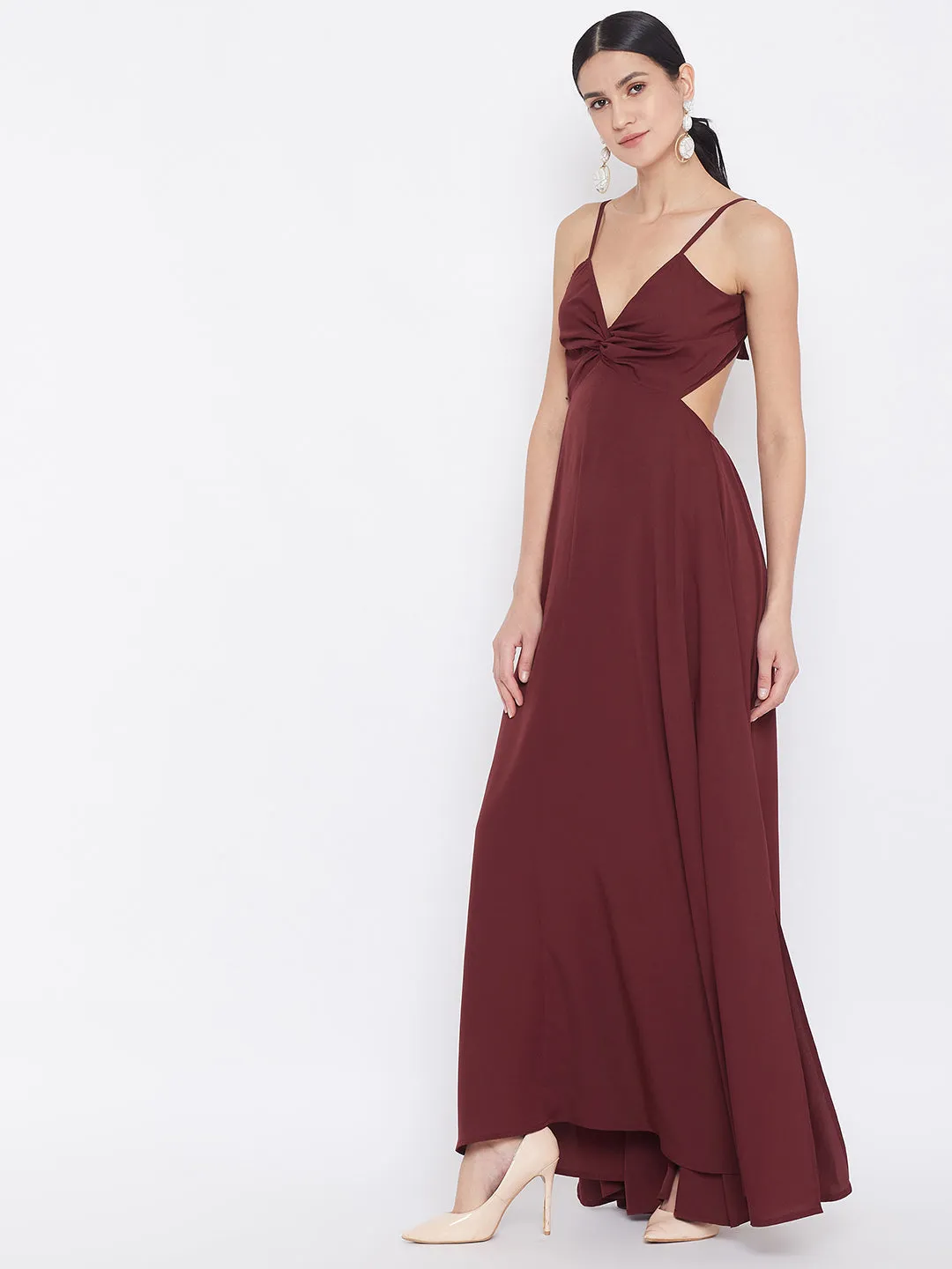 Berrylush Women Solid Maroon Strappy V-Neck A-Line Maxi Dress