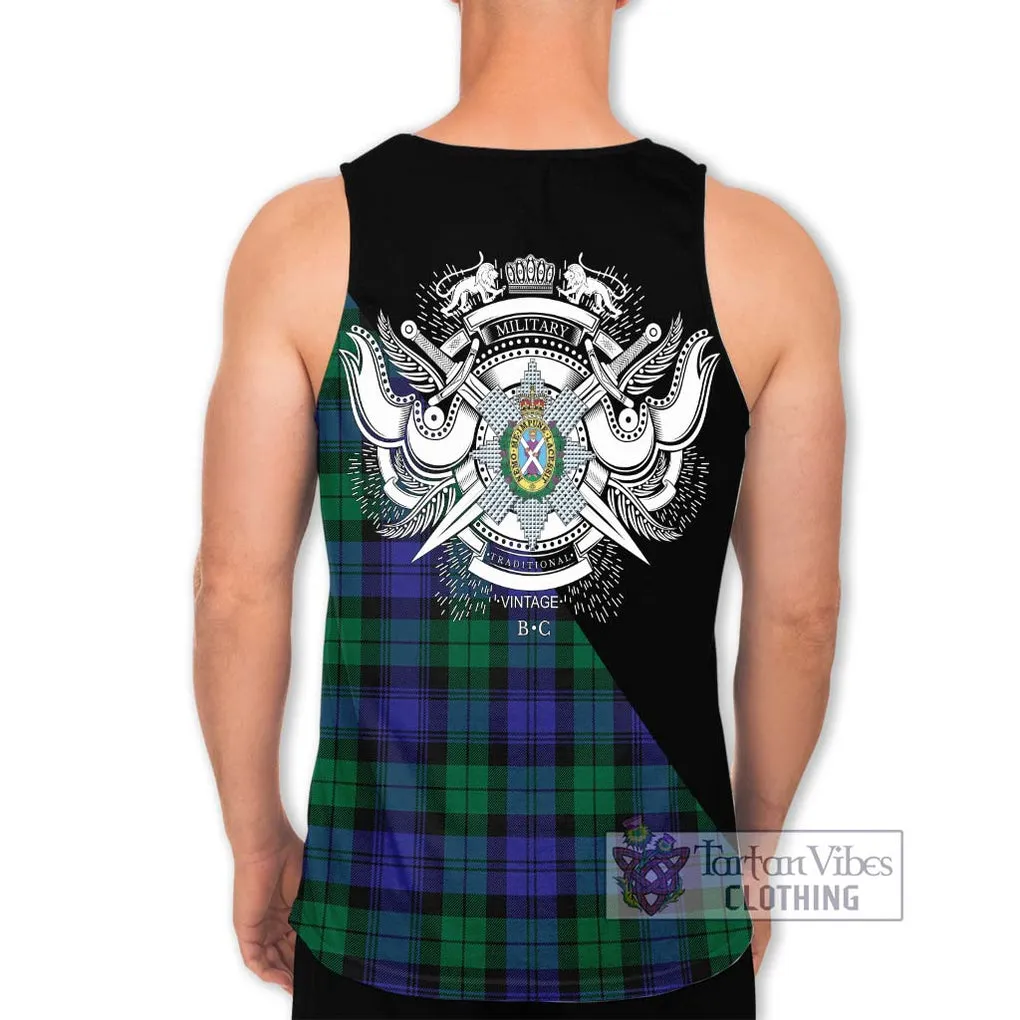 Black Watch Modern Tartan Men's Tank Top with Family Crest and Military Logo Style