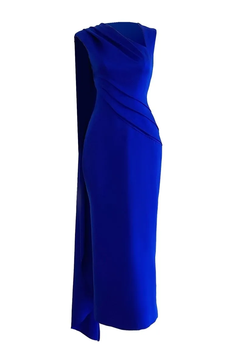 BLUE SILK PLEATED MIDI DRESS