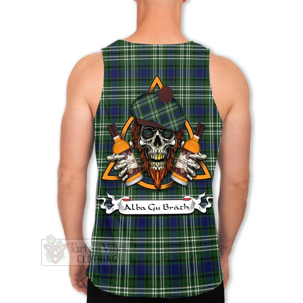 Blyth Tartan Men's Tank Top with Family Crest and Bearded Skull Holding Bottles of Whiskey