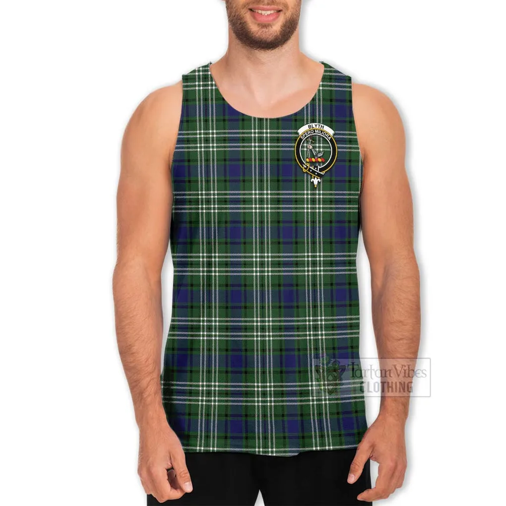 Blyth Tartan Men's Tank Top with Family Crest and Bearded Skull Holding Bottles of Whiskey