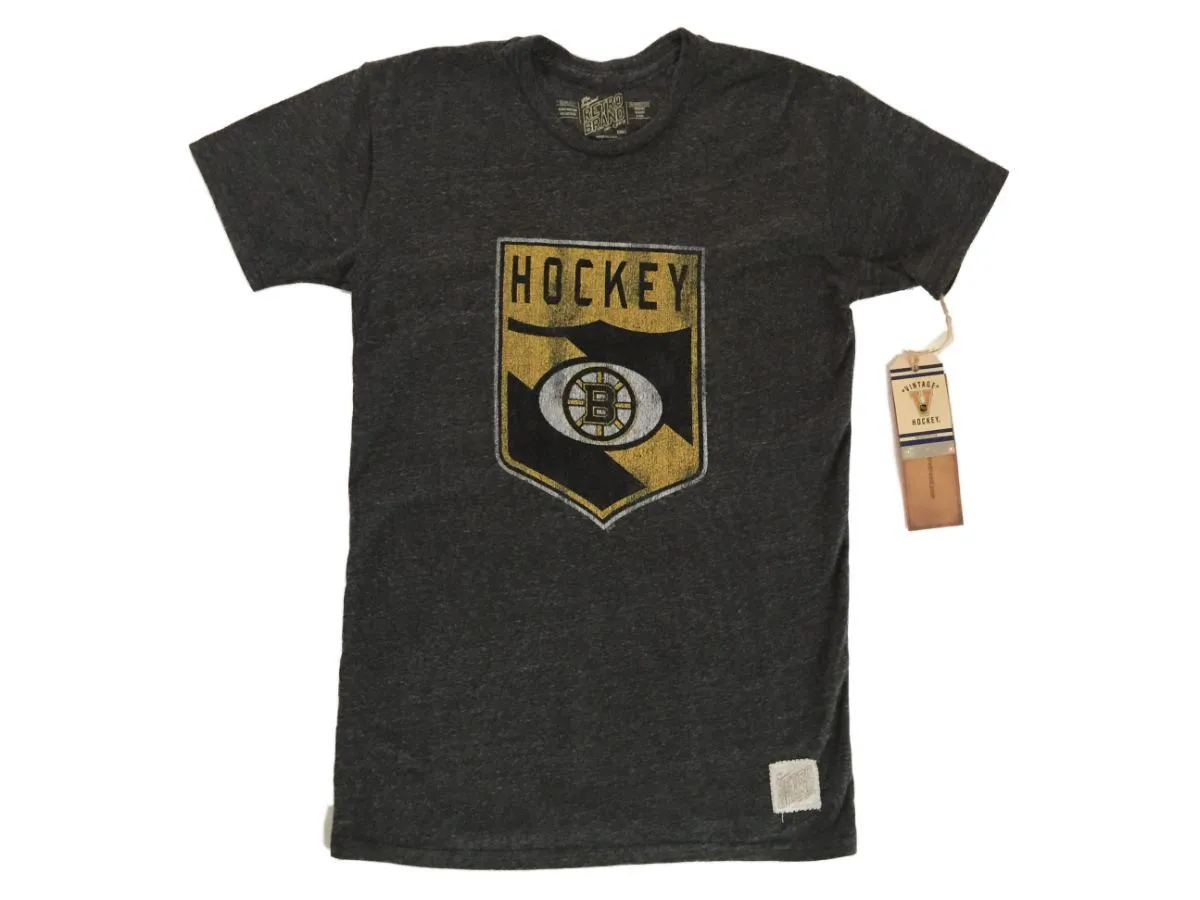 Boston Bruins Retro Brand Charcoal Vintage Hockey Shield Tri-Blend T-Shirt