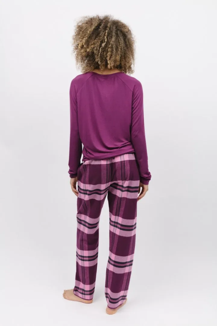 Carina Modal Knit Top and Eve Check Pant Magenta