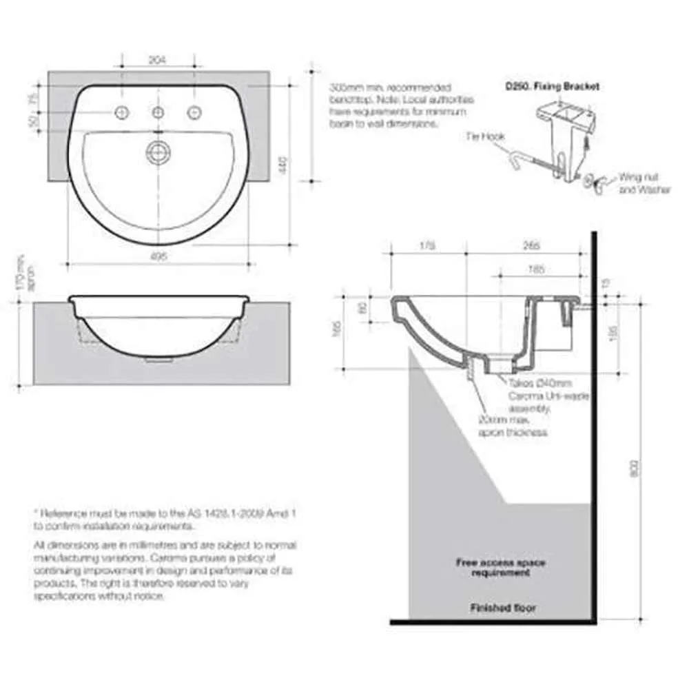 Caroma Cosmo Semi Recessed Basin 1TH White