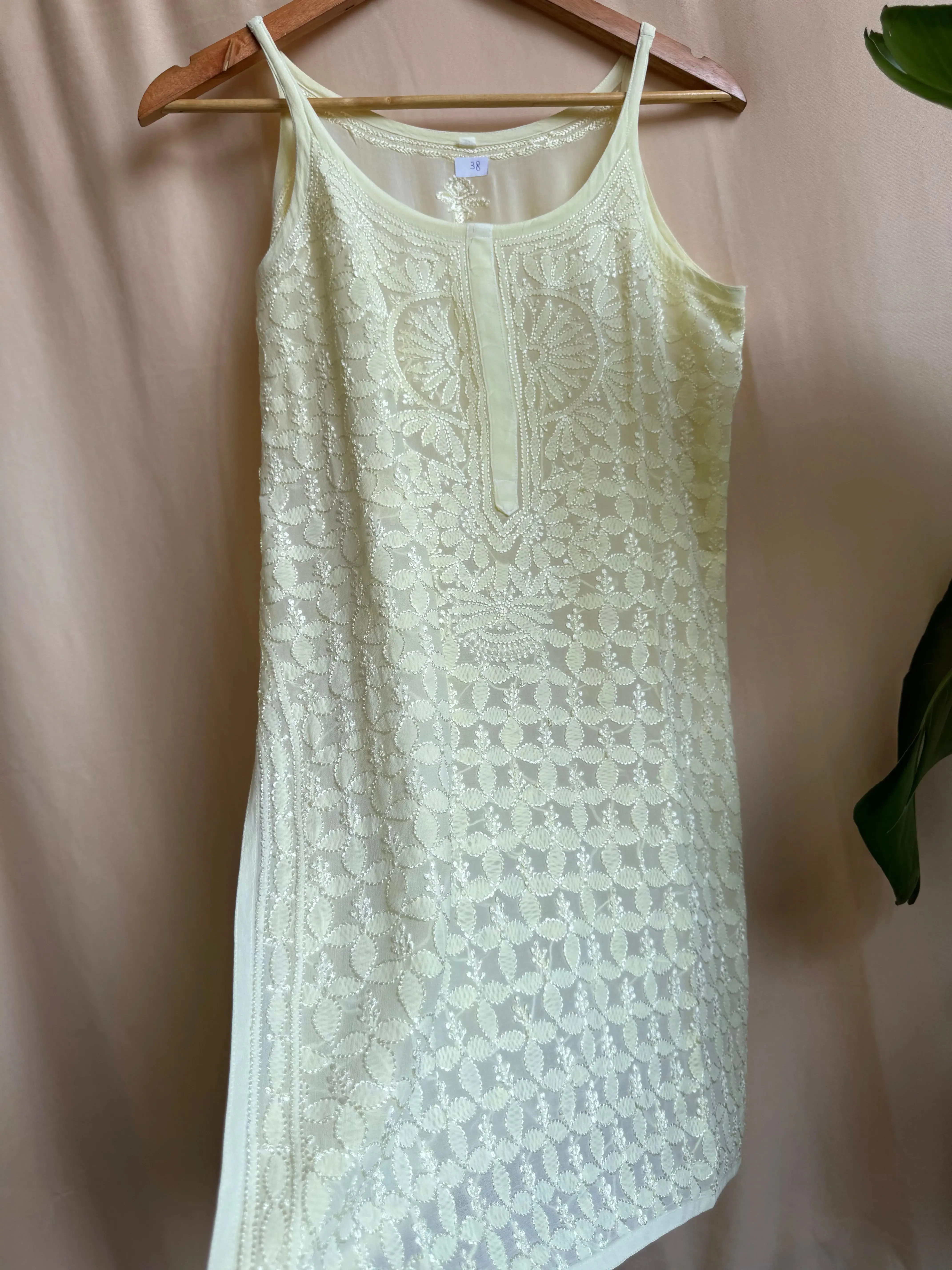 Chikankari Noodle Strap short Top in Light Yellow