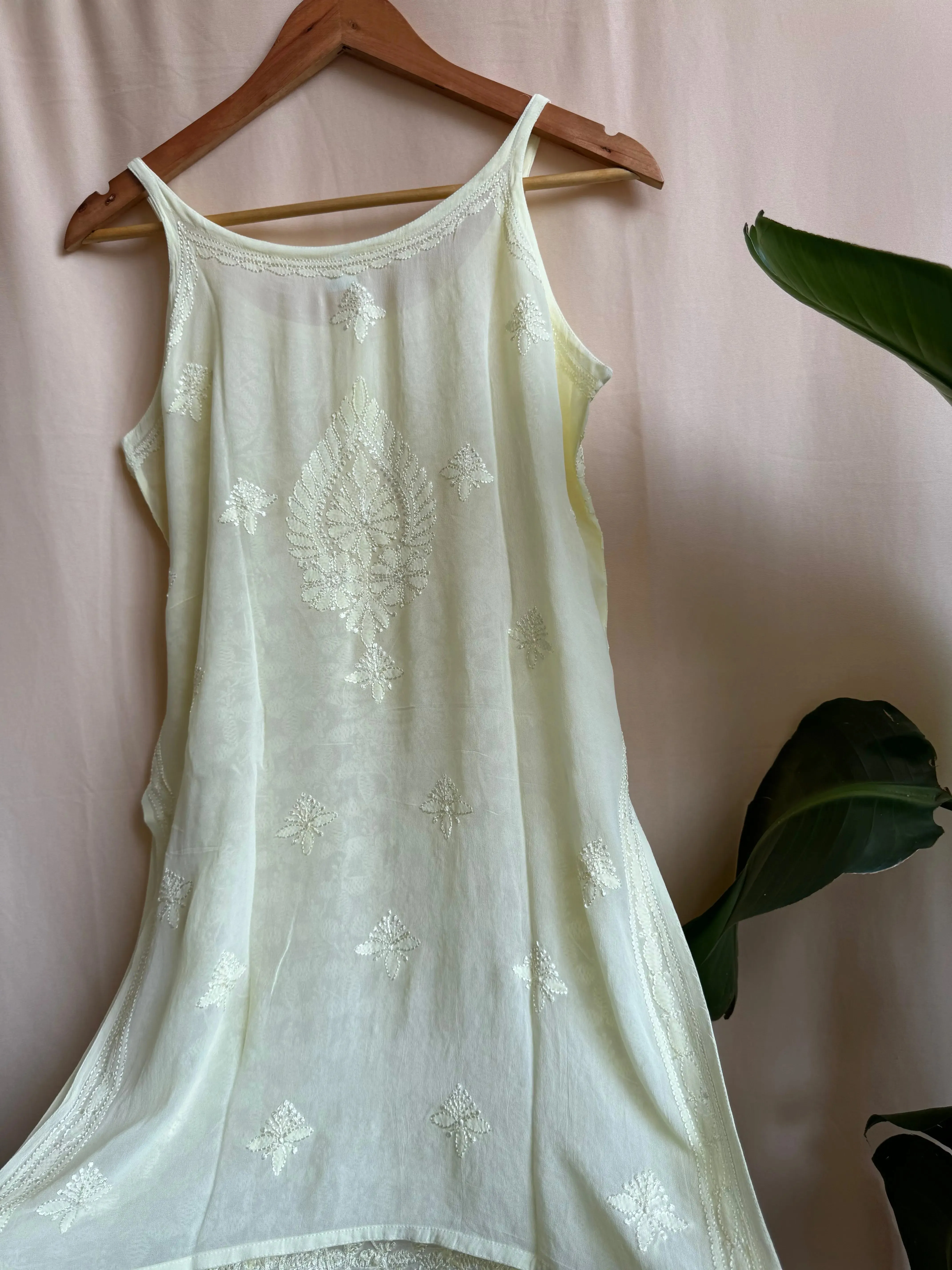 Chikankari Noodle Strap short Top in Light Yellow