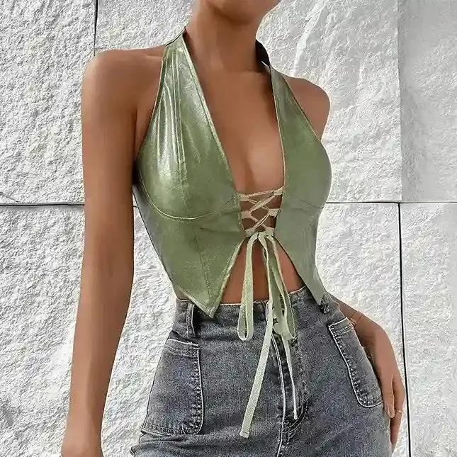 Clementine Plain Lace-Up Cropped Halter Top