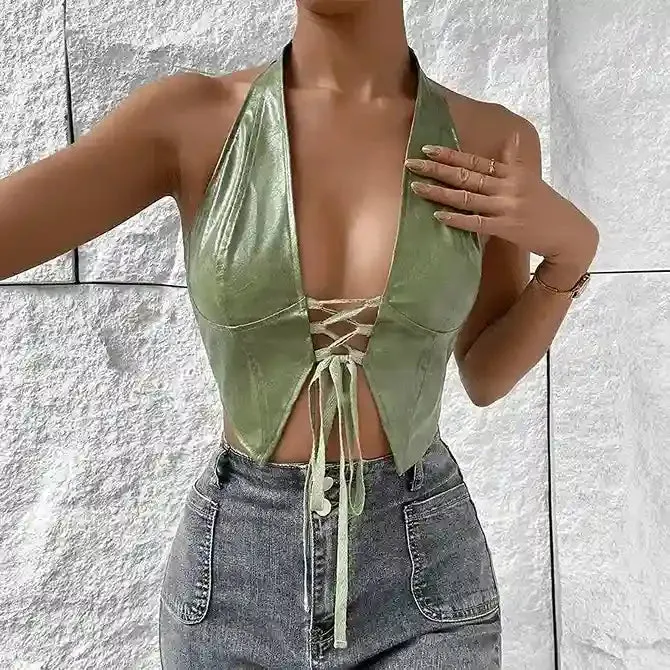 Clementine Plain Lace-Up Cropped Halter Top