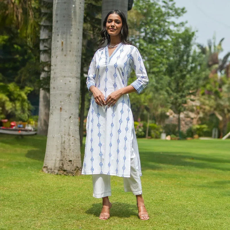 Cotton White Kurta for Women | Handblock Print | Straight Fit