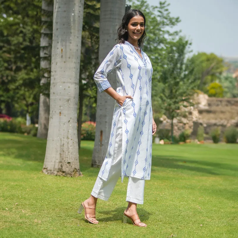 Cotton White Kurta for Women | Handblock Print | Straight Fit