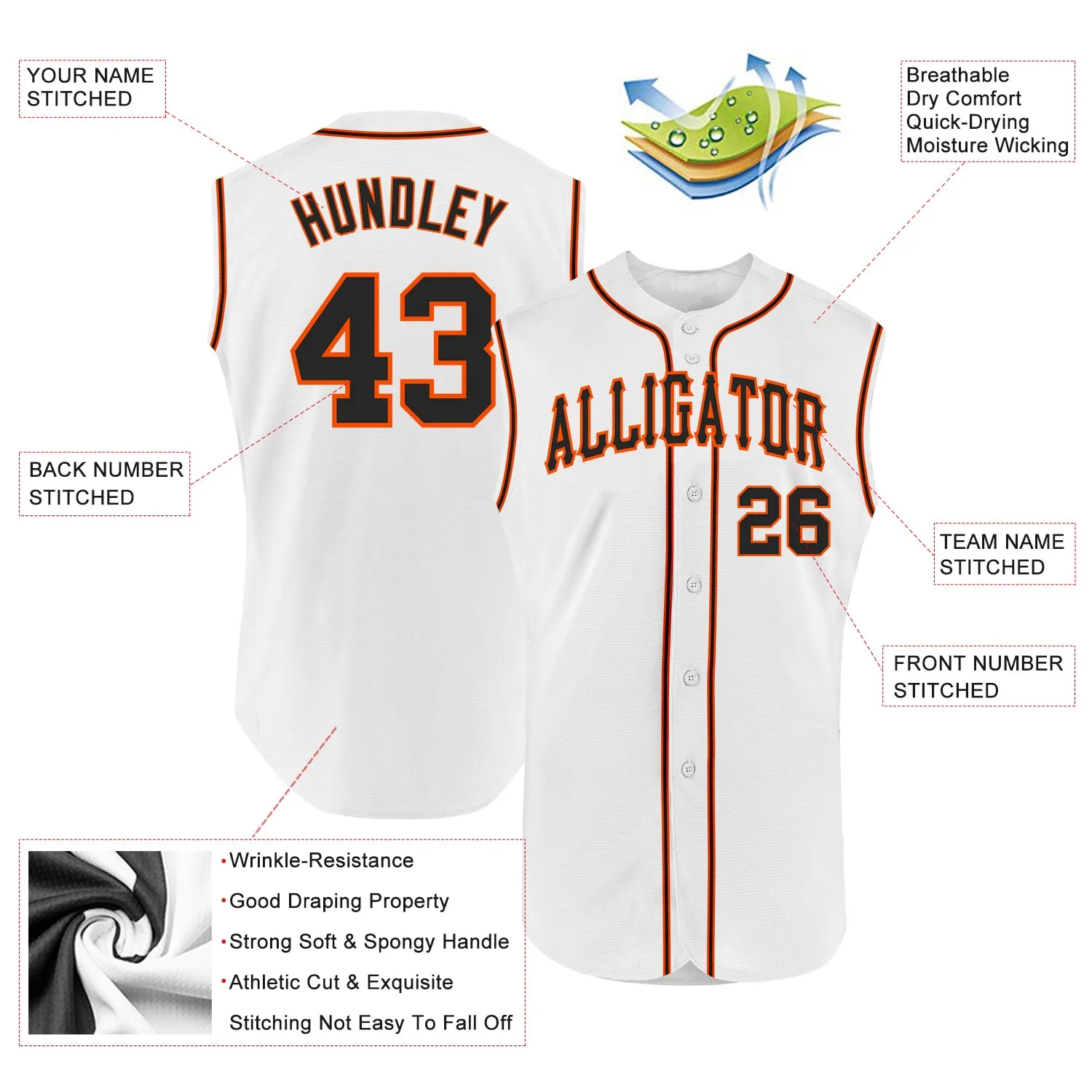 Custom White Black-Orange Authentic Sleeveless Baseball Jersey