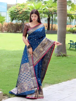 Dusk Blue Saree in Soft Silk with Three Colored Zari