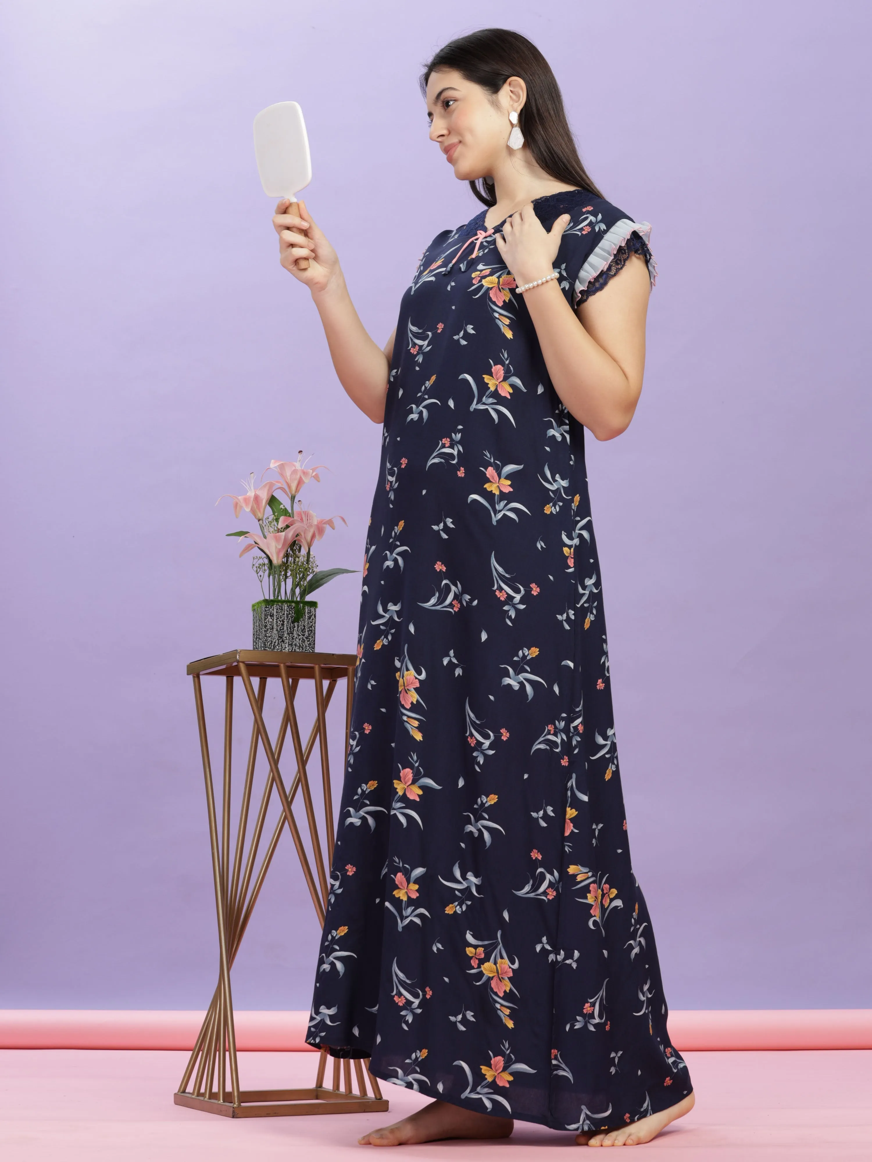 Elegant Navy Blue Rayon Floral Print Maxi Nightdress