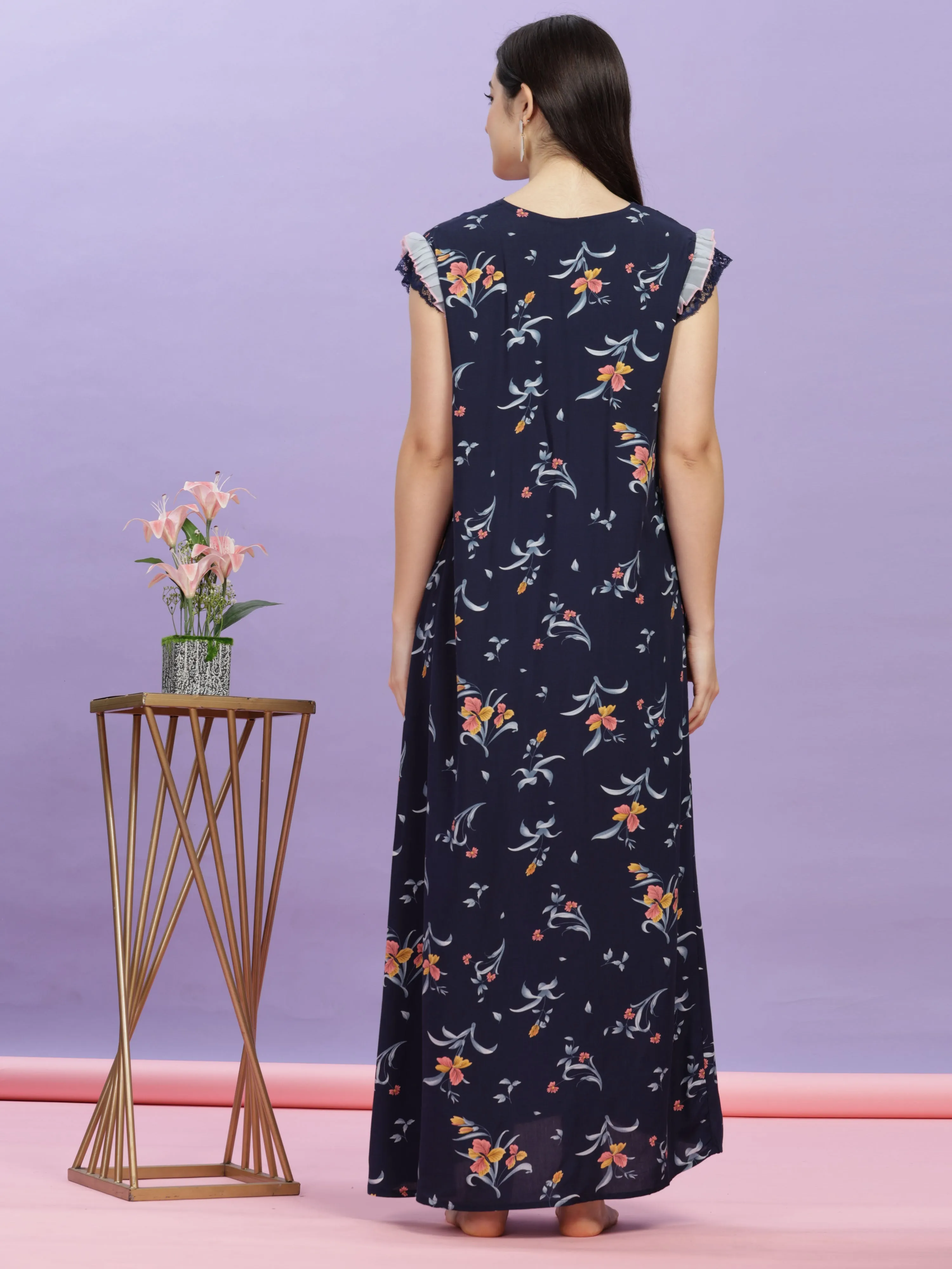 Elegant Navy Blue Rayon Floral Print Maxi Nightdress