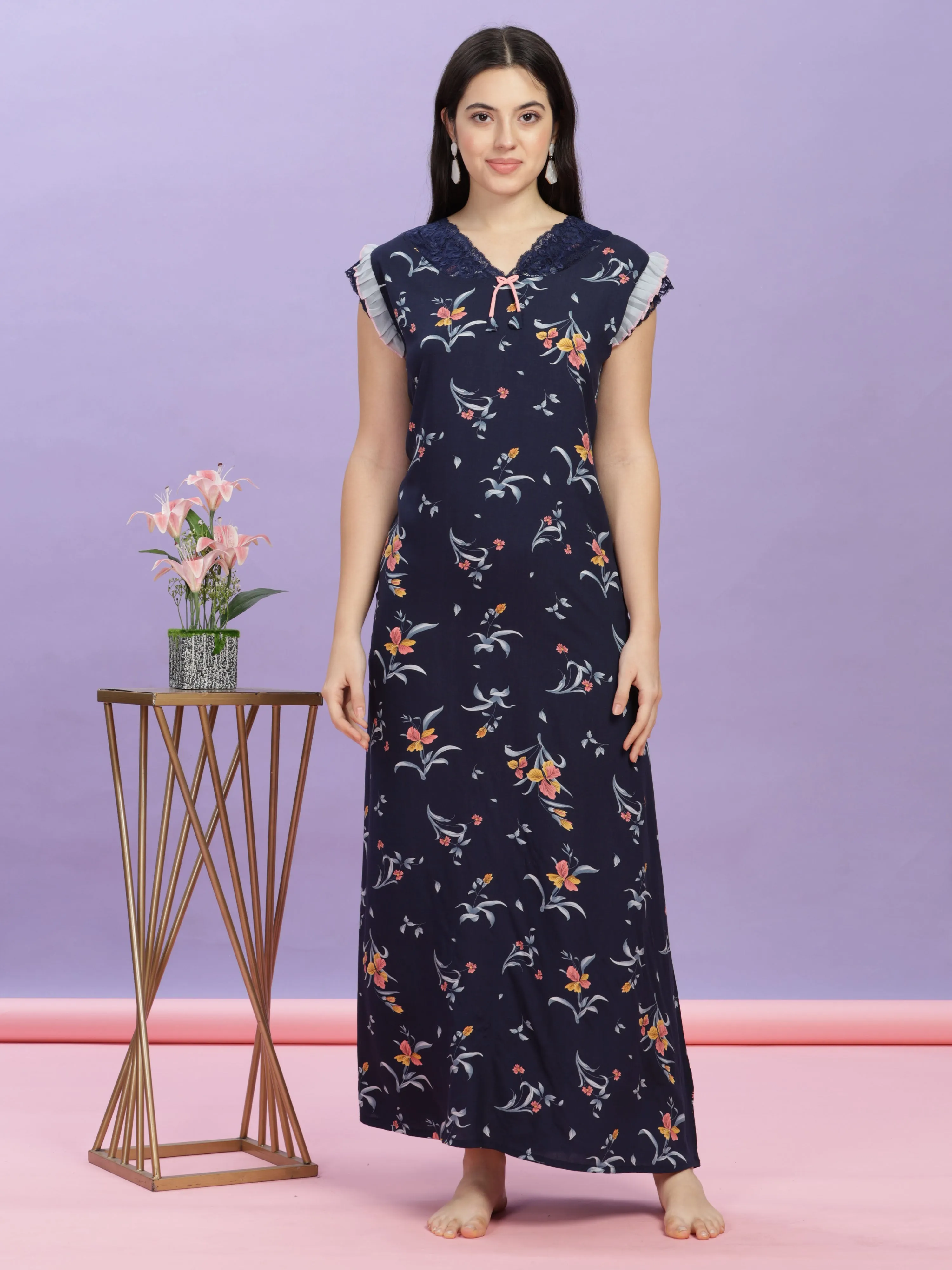 Elegant Navy Blue Rayon Floral Print Maxi Nightdress