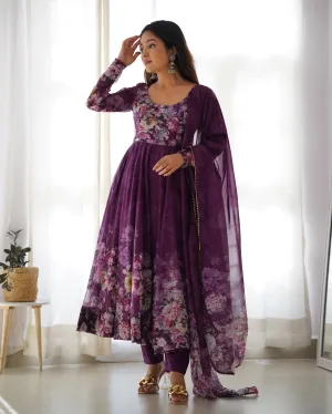 Elegant Wine Anarkali Silk Gown with Canvas Patta and Dupatta Set - Perfect for Festivities and Weddings