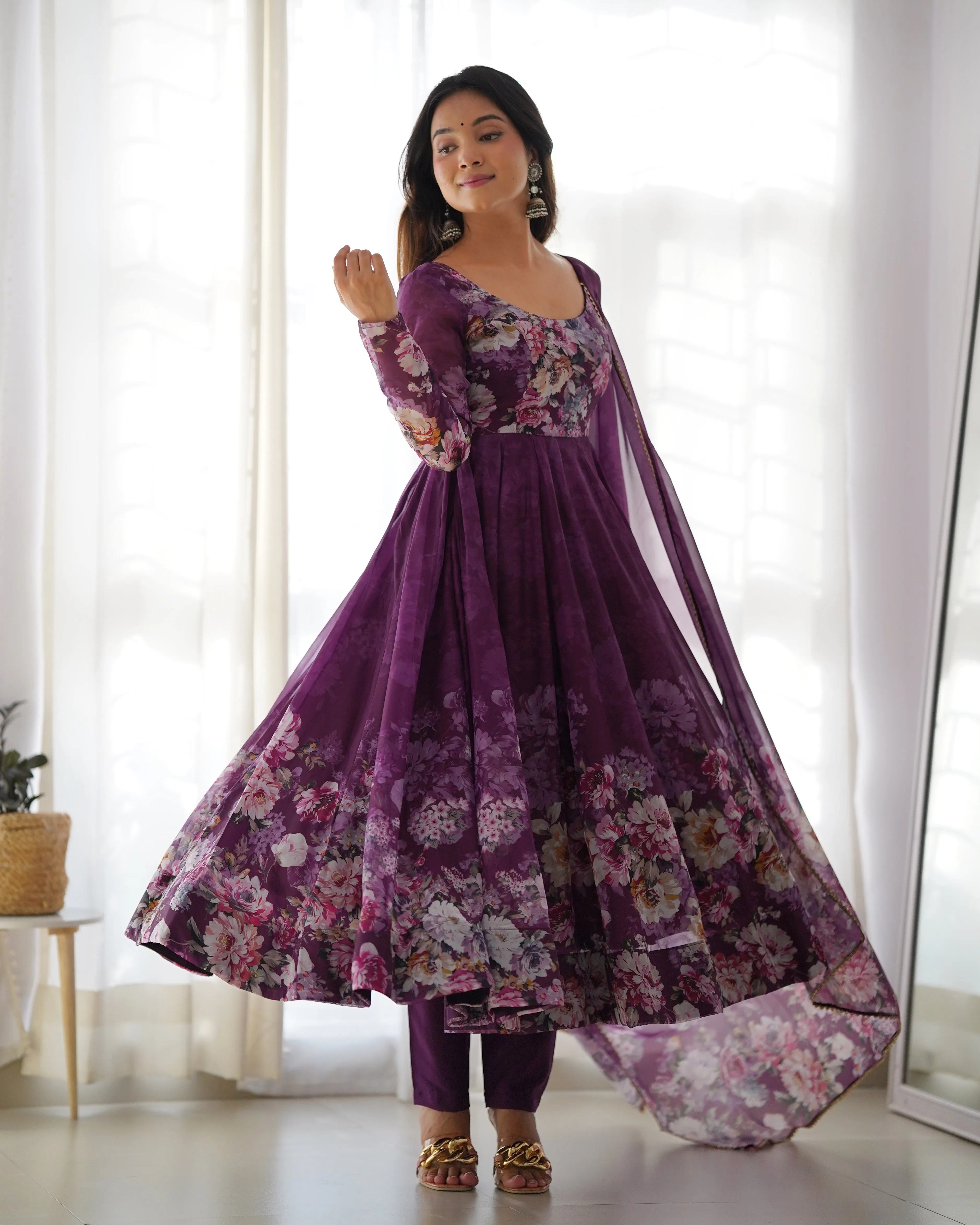 Elegant Wine Anarkali Silk Gown with Canvas Patta and Dupatta Set - Perfect for Festivities and Weddings