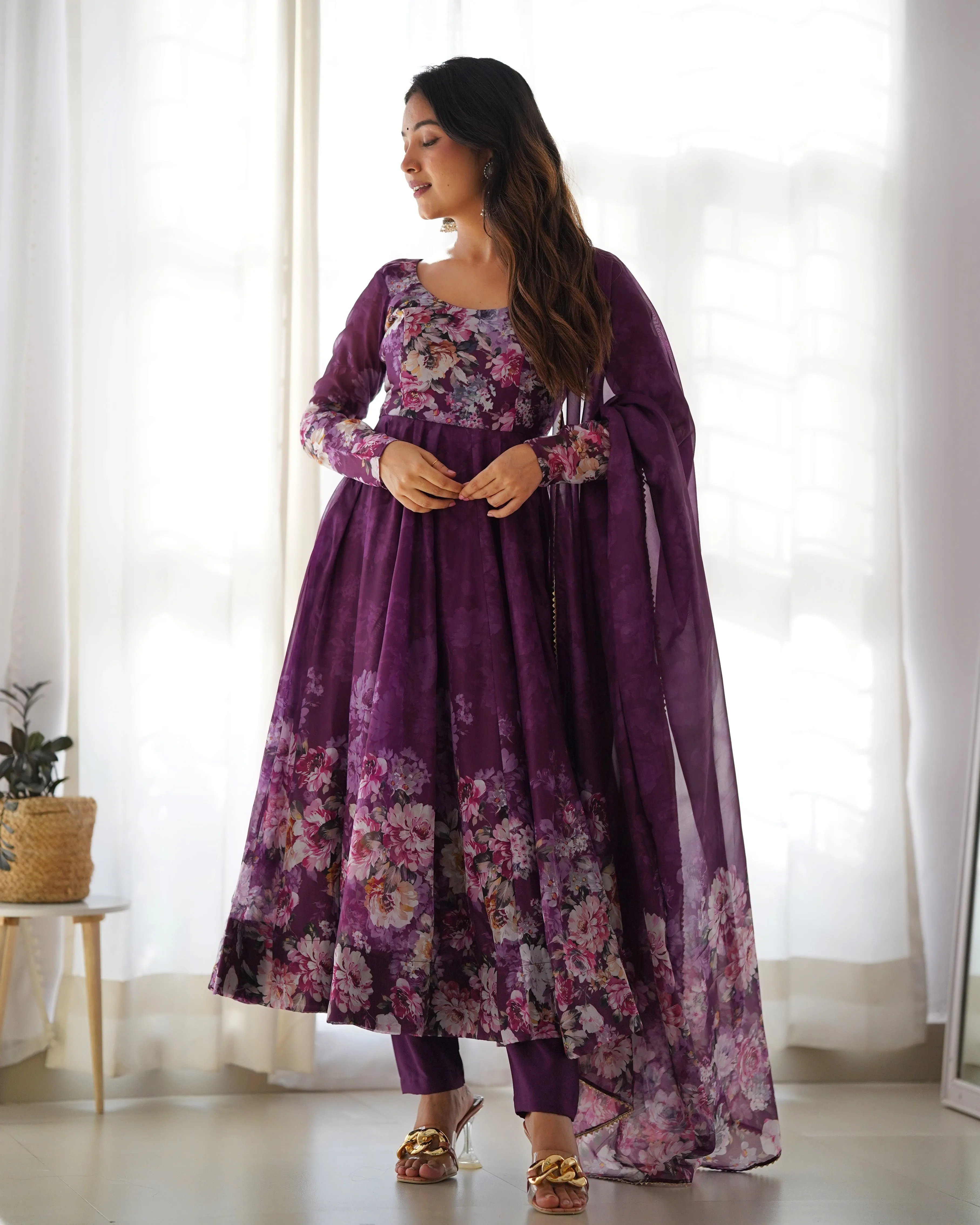 Elegant Wine Anarkali Silk Gown with Canvas Patta and Dupatta Set - Perfect for Festivities and Weddings