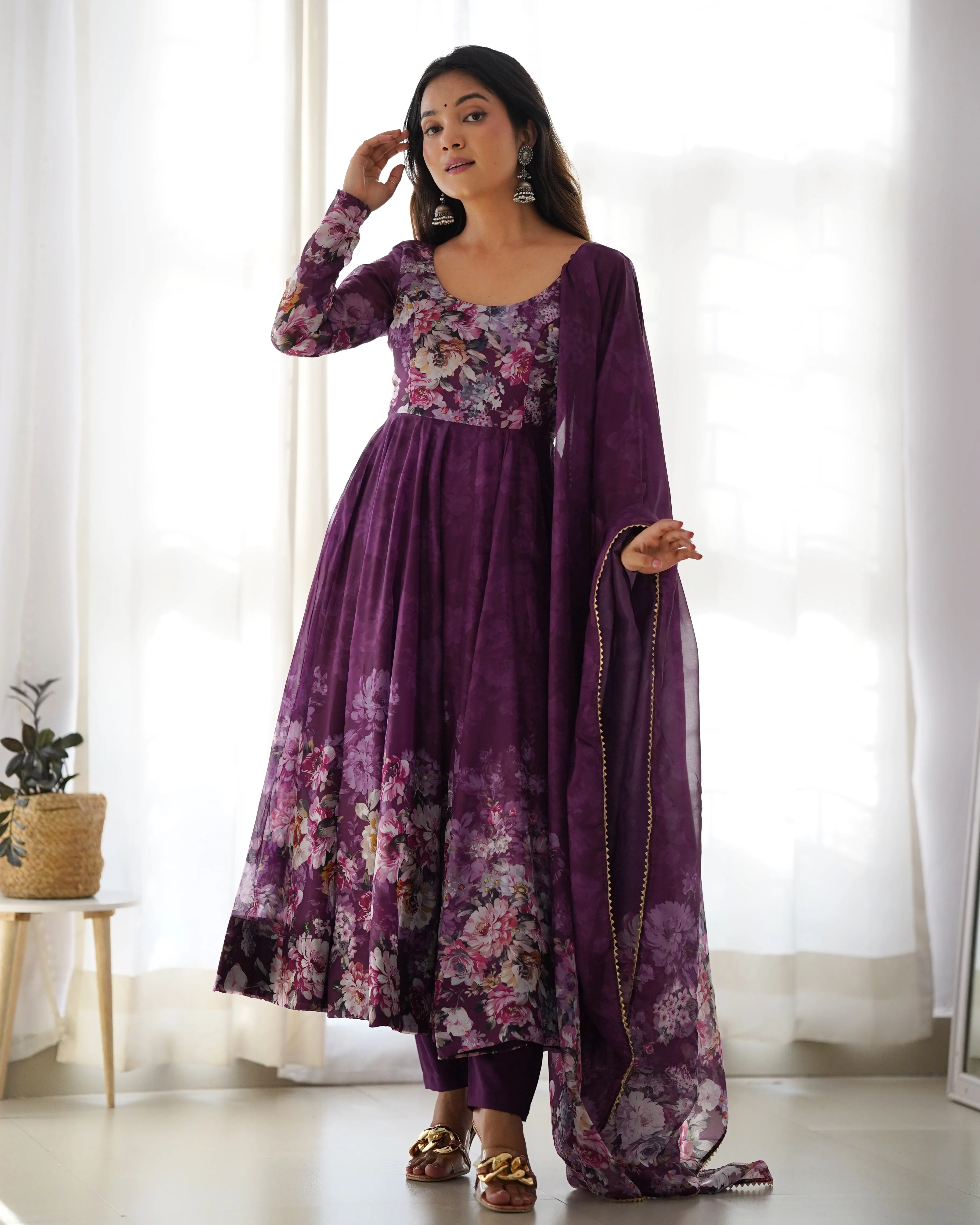 Elegant Wine Anarkali Silk Gown with Canvas Patta and Dupatta Set - Perfect for Festivities and Weddings