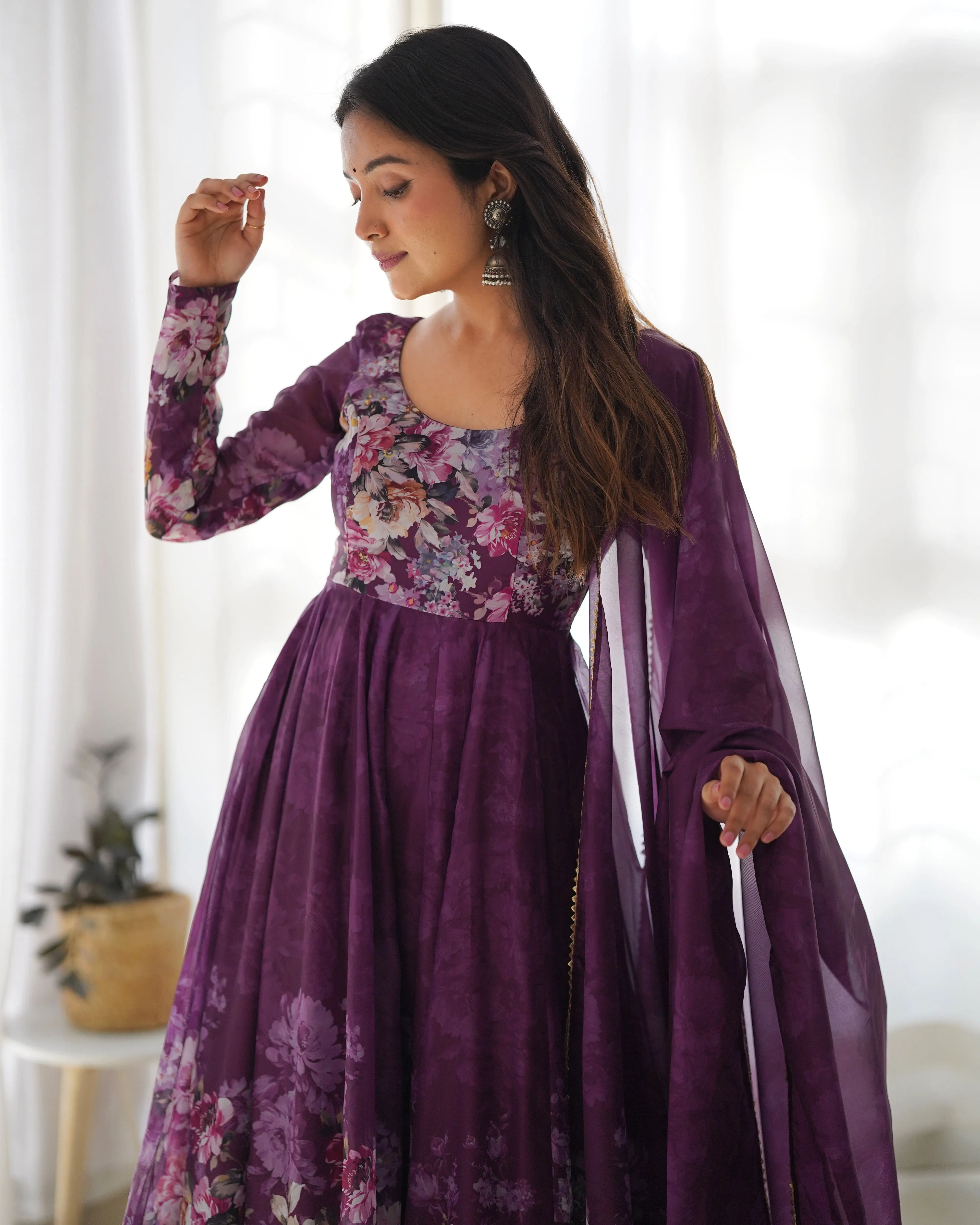 Elegant Wine Anarkali Silk Gown with Canvas Patta and Dupatta Set - Perfect for Festivities and Weddings