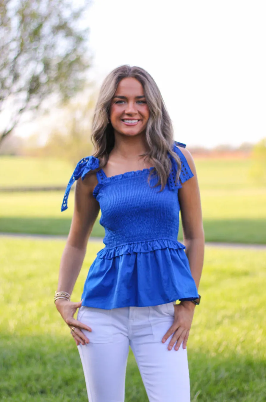 Eyelet Lace Shoulder Peplum Top