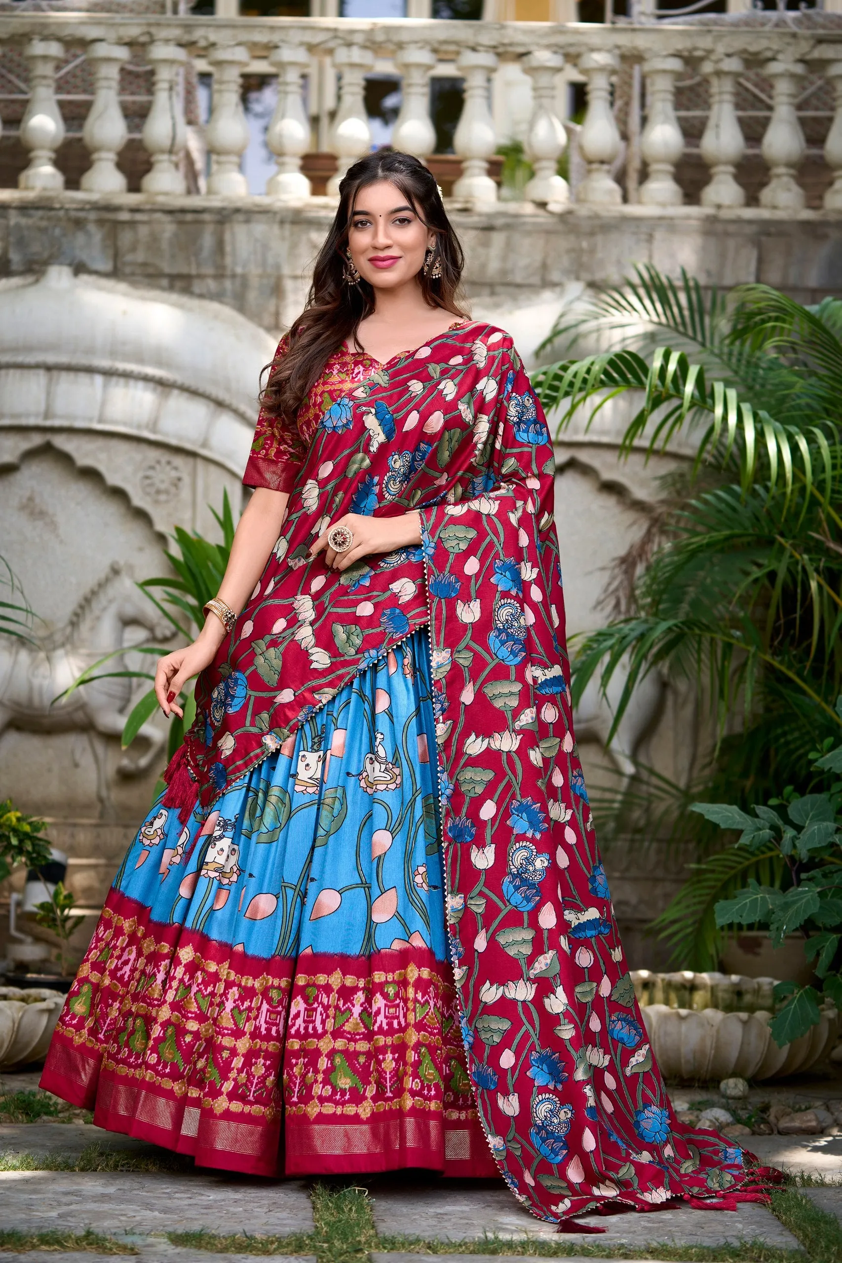 Firozi Tussar Silk Lehenga Choli with Pichwai & Patola Prints