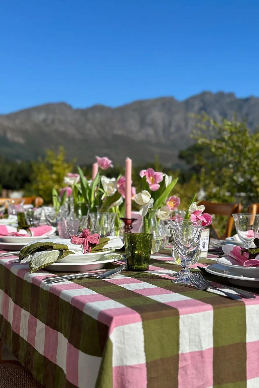 Gingham Linen Napkin in Rose Pink & Avocado Green