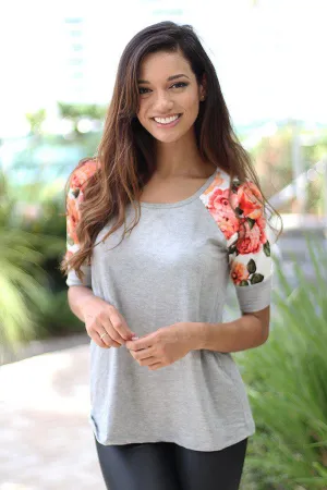 Gray Top With Floral Short Sleeves