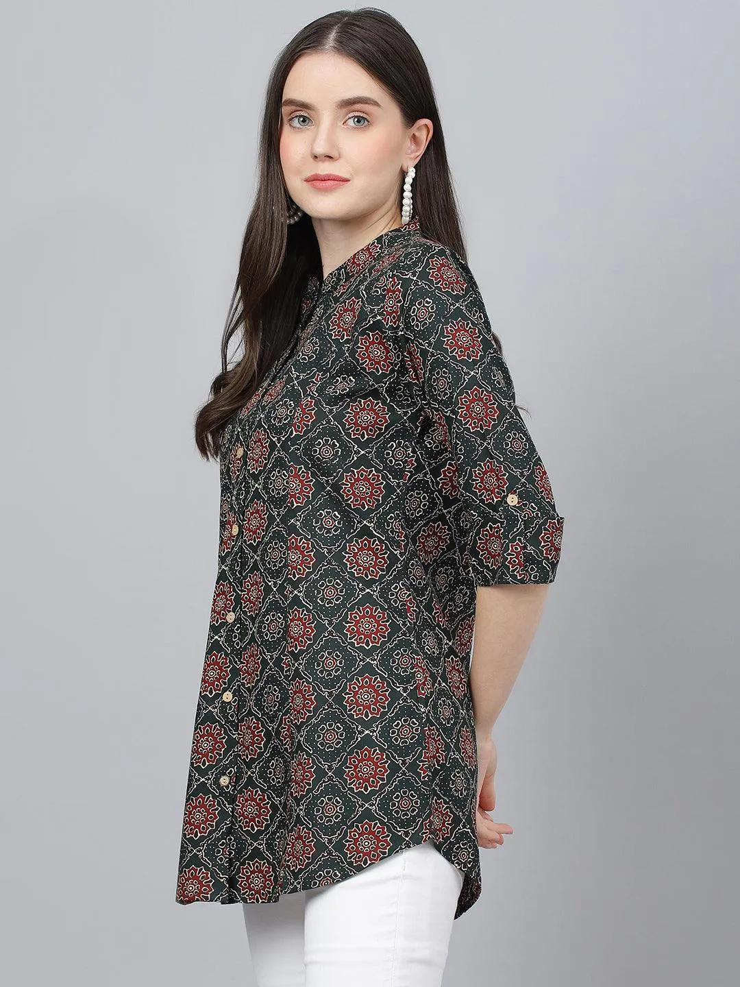 Jashvi Black Abstract printed Rayon A-line Shirts Style Top