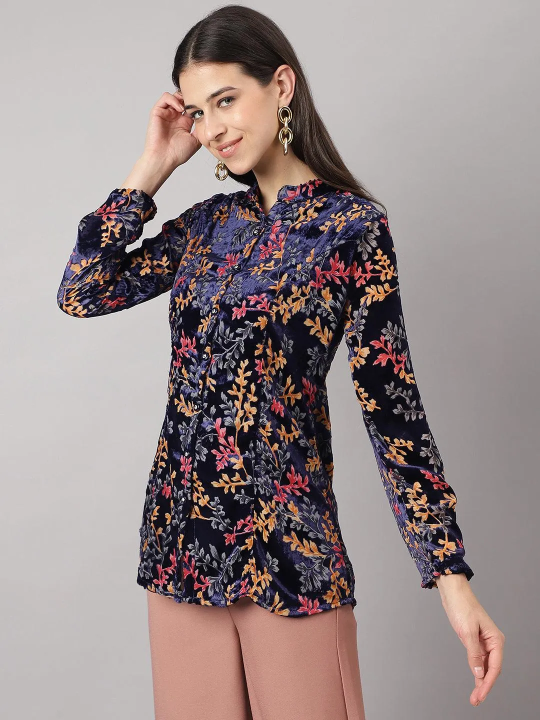 Jashvi Blue Floral Burn out Valvet A-line Shirts Style Top