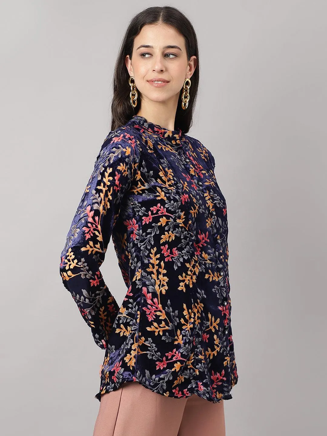 Jashvi Blue Floral Burn out Valvet A-line Shirts Style Top