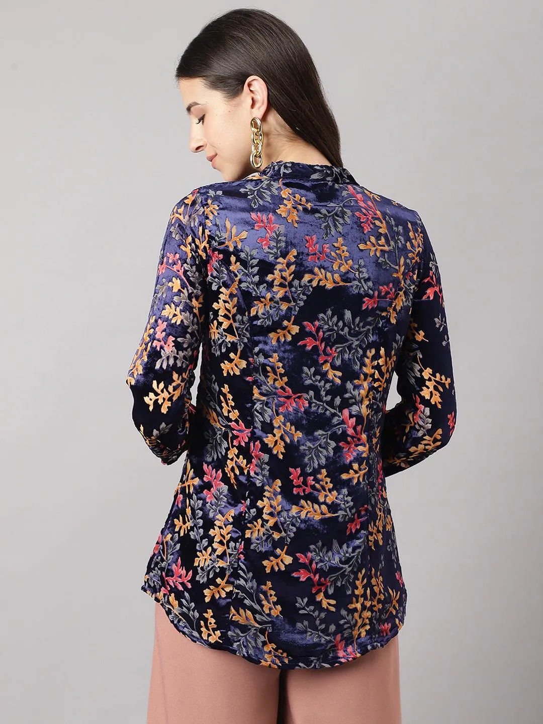 Jashvi Blue Floral Burn out Valvet A-line Shirts Style Top