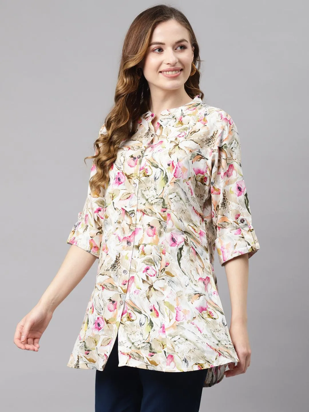 Jashvi Multi Floral Rayon Shirt Style A-Line Top