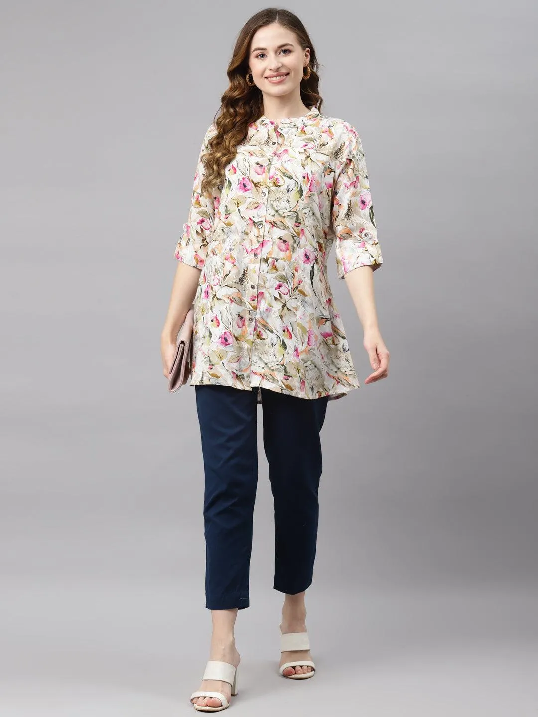 Jashvi Multi Floral Rayon Shirt Style A-Line Top