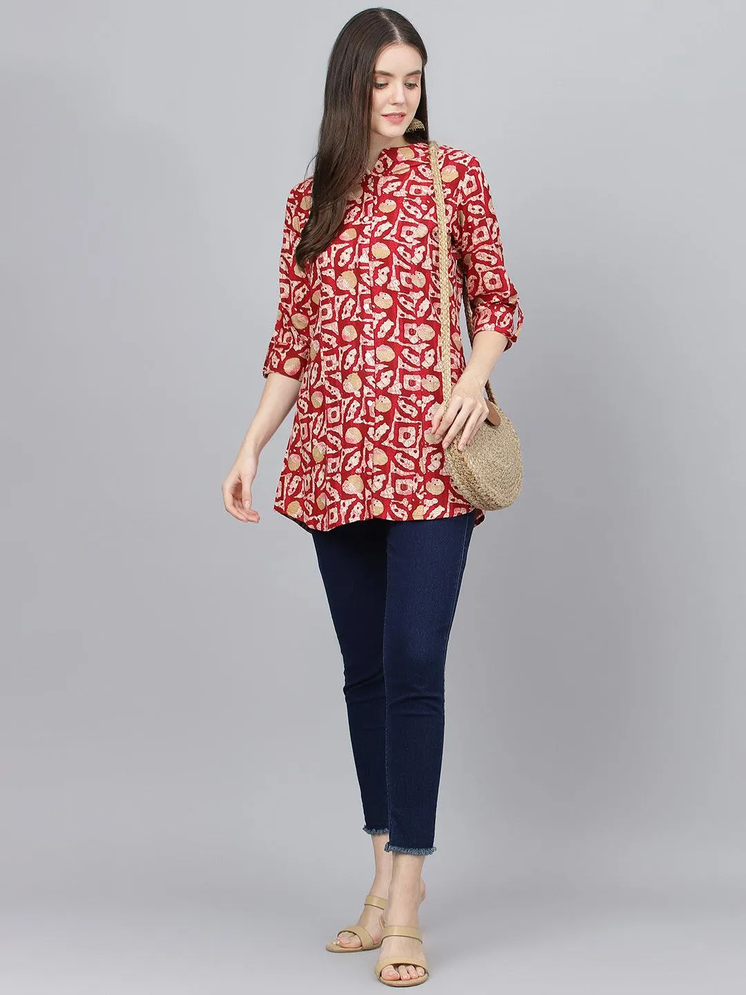 Jashvi Red Abstract printed Rayon A-line Shirts Style Top