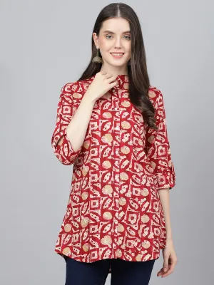 Jashvi Red Abstract printed Rayon A-line Shirts Style Top