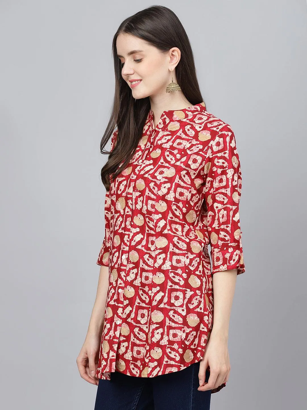 Jashvi Red Abstract printed Rayon A-line Shirts Style Top