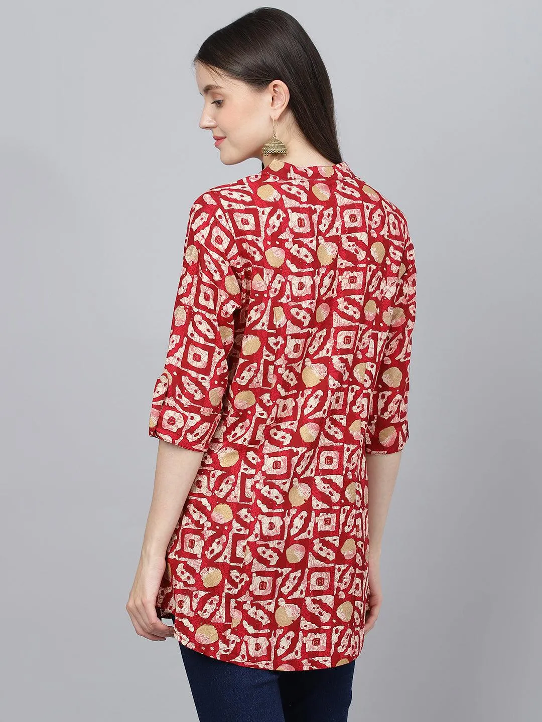 Jashvi Red Abstract printed Rayon A-line Shirts Style Top