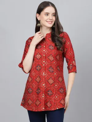 Jashvi Red Bandhani Printed Modal A-Line Shirts Style Top