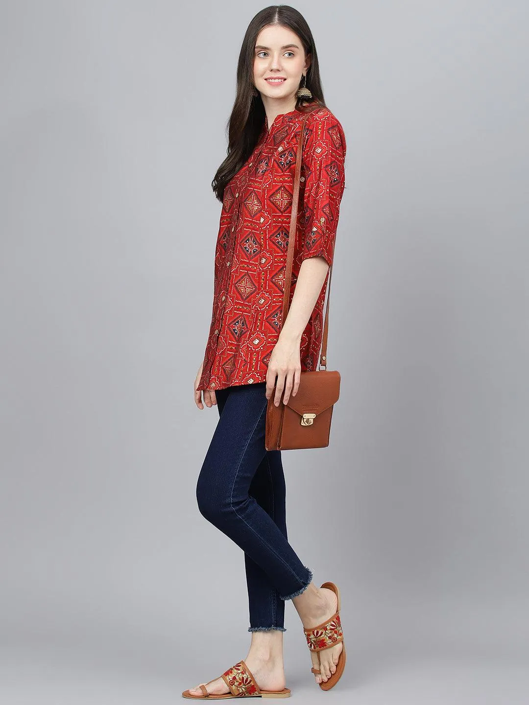 Jashvi Red Bandhani Printed Modal A-Line Shirts Style Top