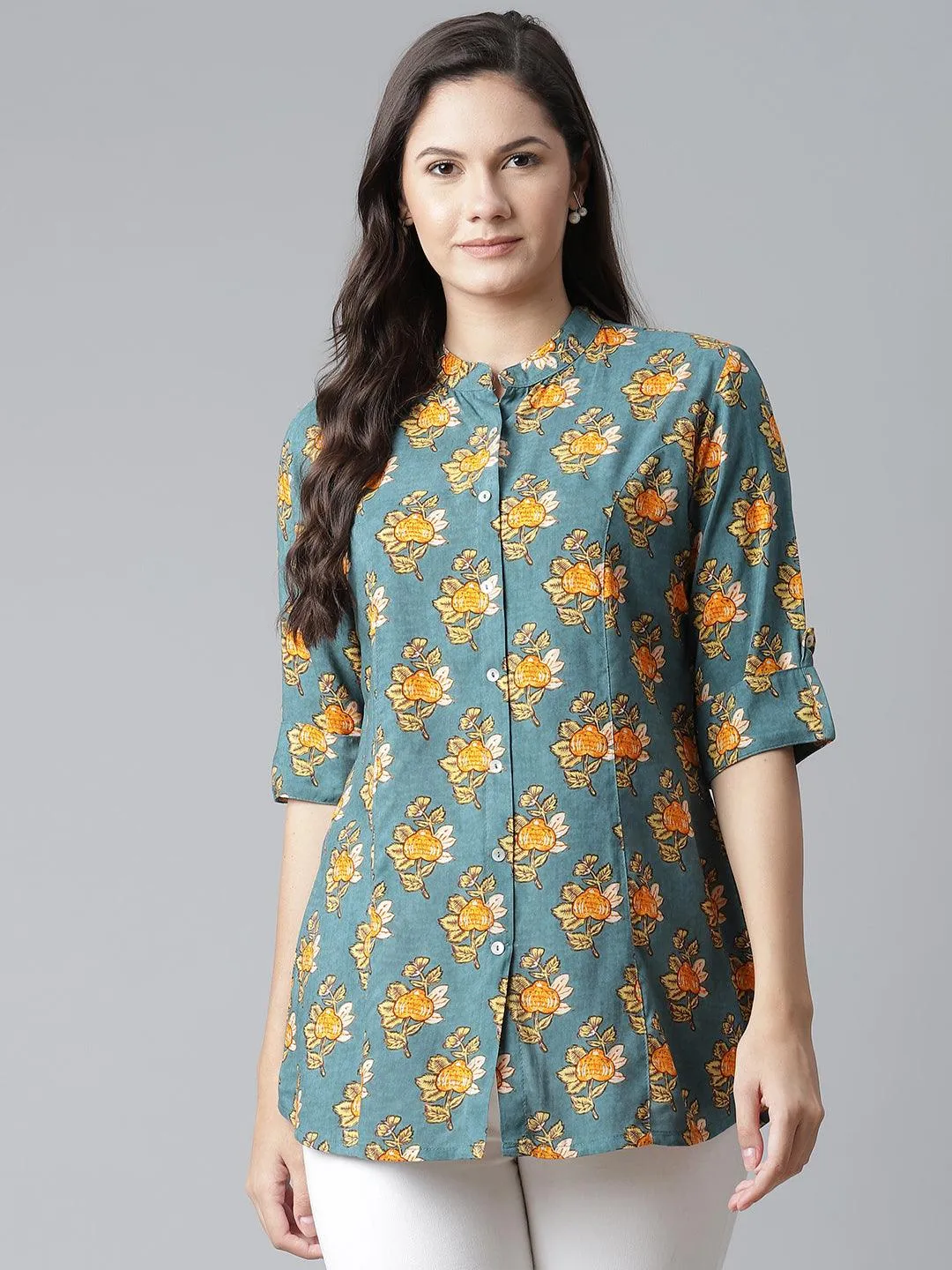 Jashvi Sea Green Rayon Printed Shirt Style A-line Top